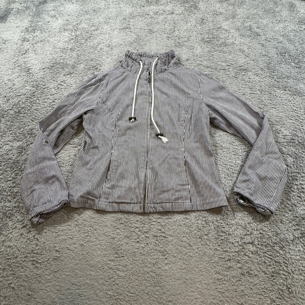 A.M.E. Women Striped Utility Jacket Small Blue White Full Zip Roll Tab Cotton